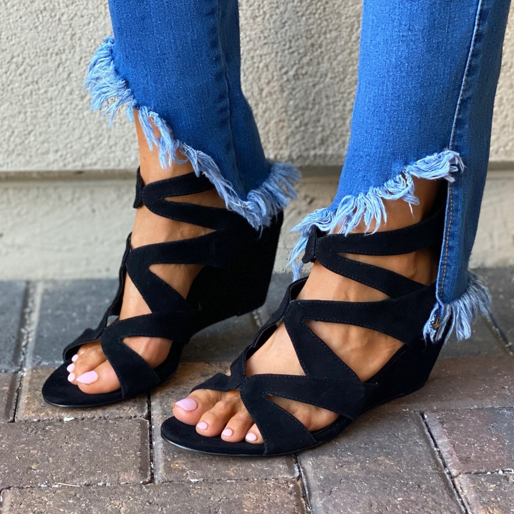 Black Strappy Peep Toe Wedge Ankle Bootie Pump - Picture 6 of 10